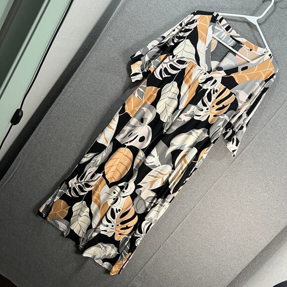 Breezies Lounge Blissful Breeze Short Sleeve Caftan Black Palm,X-Small - Picture 1 of 13